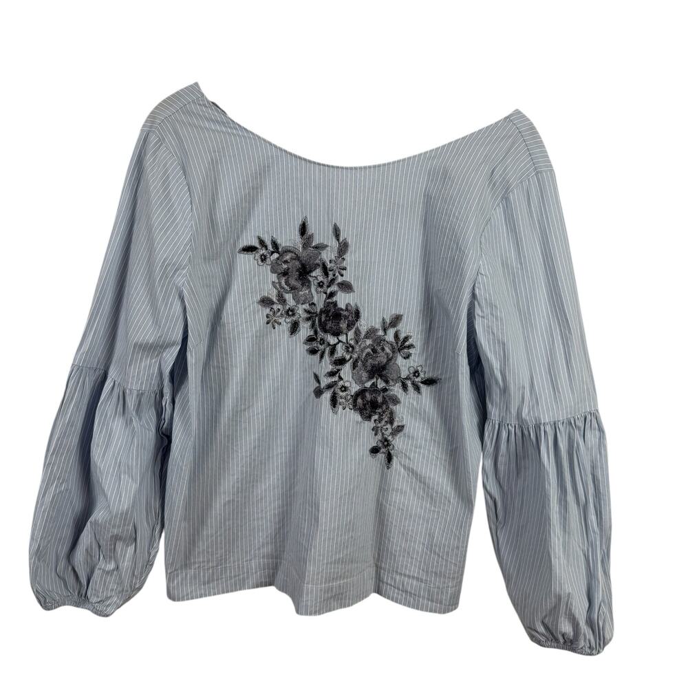 White House Black Market Blue Striped Top with Black Floral Embroidery